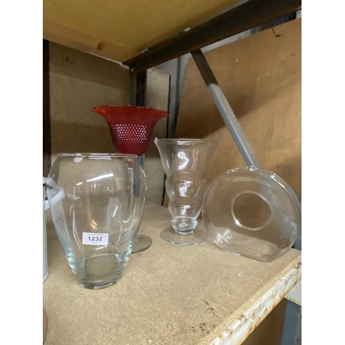 1232 - THREE LARGE CLEAR GLASS VASES AND A GLASS HOBNAIL TYPE RUBY BOWL ON A LONG STEM