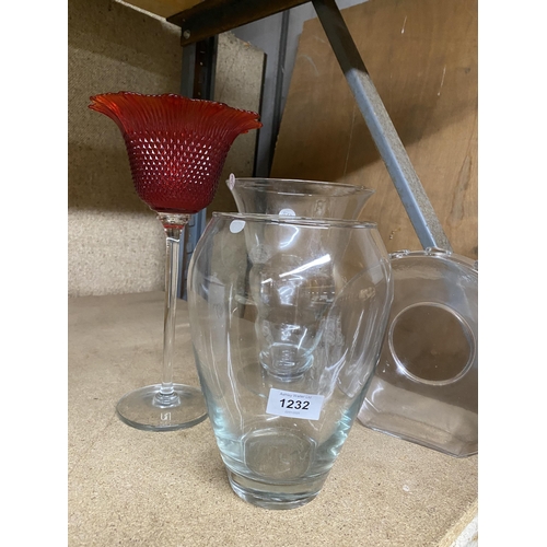 1232 - THREE LARGE CLEAR GLASS VASES AND A GLASS HOBNAIL TYPE RUBY BOWL ON A LONG STEM