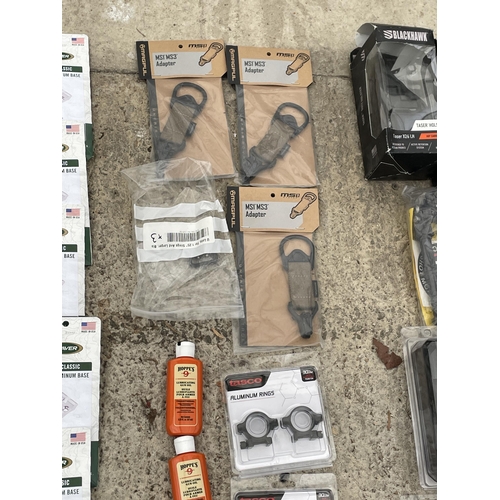 1712 - AN ASSORTMENT OF NEW AND PACKAGED ITEMS TO INCLUDE TASCO ALUMINIUM RINGS AND MAGPULL MS1 AND MS3 ADA... 