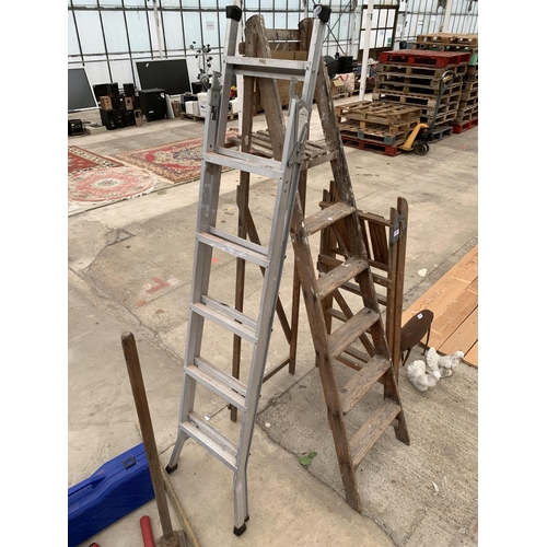 2012 - AN ABRU THREE WAY FOLDING STEP LADDER AND TWO WOODEN STEP LADDERS