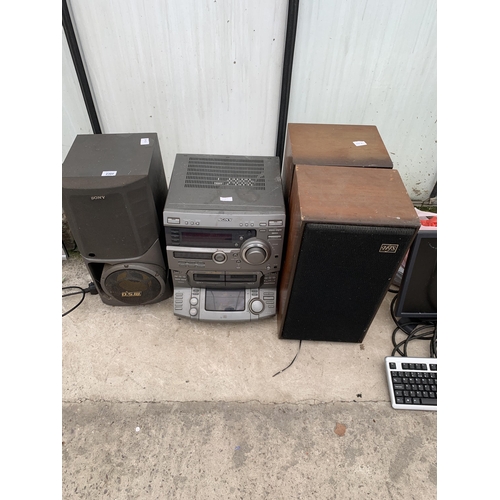 2360 - A SONY STEREO SYSTEM, SONY SPEAKER AND TWO WOODEN CASED SPEAKERS