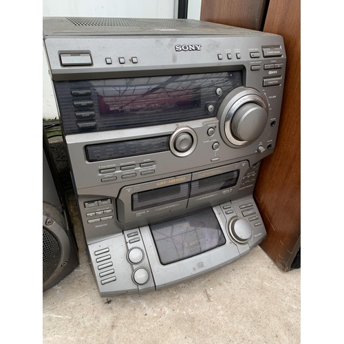 2360 - A SONY STEREO SYSTEM, SONY SPEAKER AND TWO WOODEN CASED SPEAKERS