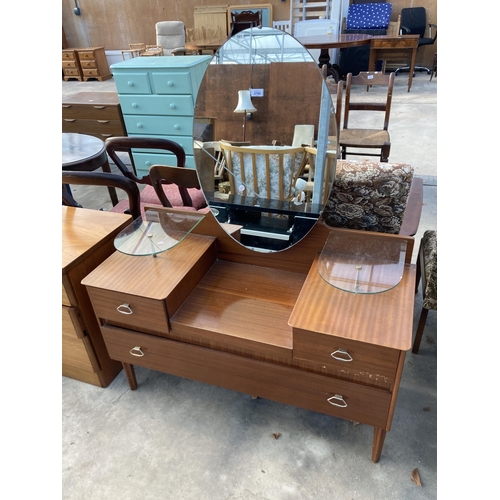 2780 - A RETRO LEBUS STEPPED DRESSING TABLE ENCLOSING THREE DRAWERS AND TWO GLASS SHELVES, 43