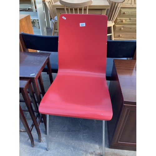 2837 - A RETRO RED POLYPROPYLENE DINING CHAIR ON POLISHED CHROME LEGS