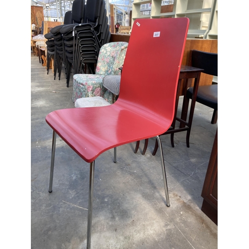 2837 - A RETRO RED POLYPROPYLENE DINING CHAIR ON POLISHED CHROME LEGS