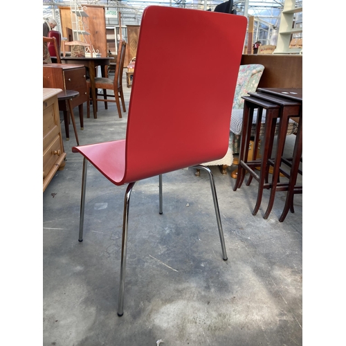 2837 - A RETRO RED POLYPROPYLENE DINING CHAIR ON POLISHED CHROME LEGS