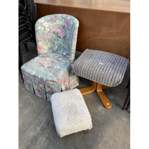 2839 - A RELAXATEEZE STOOL, SMALL STOOL ON CABRIOLE LEGS AND FLORAL BEDROOM CHAIR