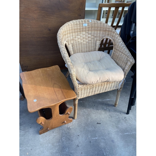 2841 - A WICKER CONSERVATORY CHAIR AND MAGAZINE RACK/TABLE