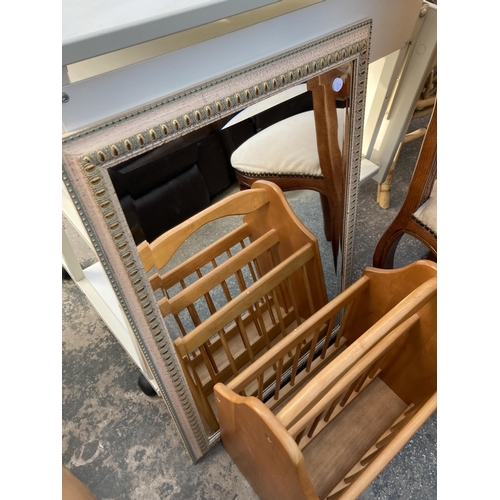 2885 - A CONTINENTAL STYLE DINING CHAIR, MAGAZINE RACK AND A BEVEL EDGE WALL MIRROR, 29.5