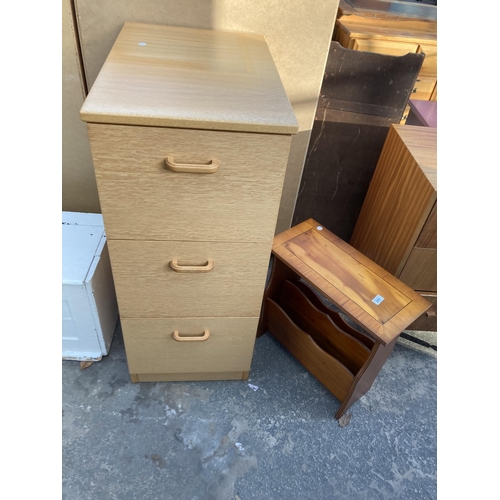 2891 - AN OAK EFFECT THREE DRAWER FILING CABINET AND YEW WOOD MAGAZINE RACK/TABLE