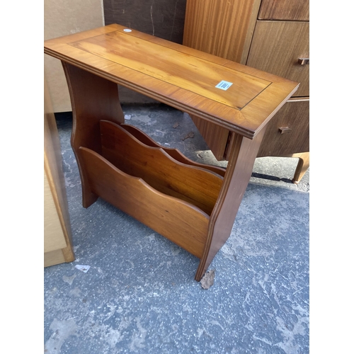 2891 - AN OAK EFFECT THREE DRAWER FILING CABINET AND YEW WOOD MAGAZINE RACK/TABLE