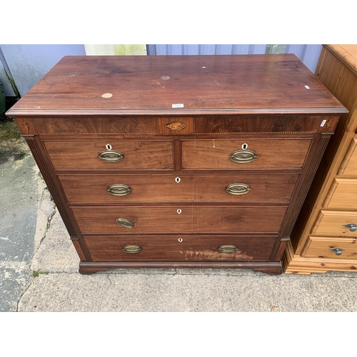 3055 - A GEORGE III MAHOGANY AND INLAID CHEST OF TWO SHORT AND THREE LONG GRADUATED DRAWERS, 46