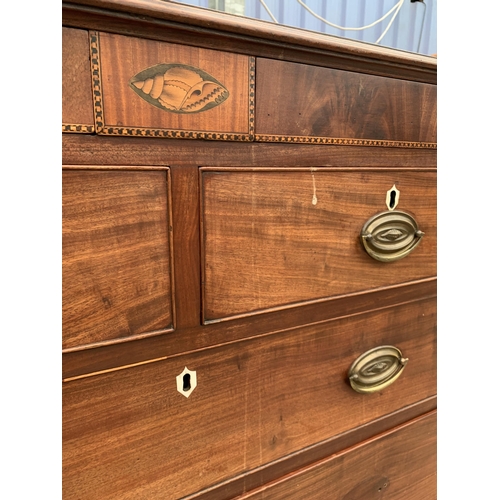 3055 - A GEORGE III MAHOGANY AND INLAID CHEST OF TWO SHORT AND THREE LONG GRADUATED DRAWERS, 46