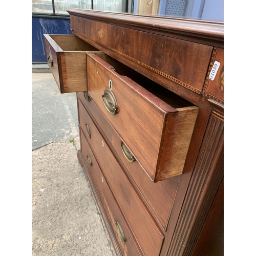 3055 - A GEORGE III MAHOGANY AND INLAID CHEST OF TWO SHORT AND THREE LONG GRADUATED DRAWERS, 46