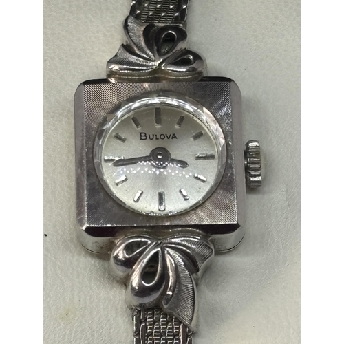 571 - A LADIES BULOVA 10 CARAT WHITE GOLD PLATED WRIST WATCH IN A PRESENTATION BOX SEEN WORKING BUT NO WAR... 