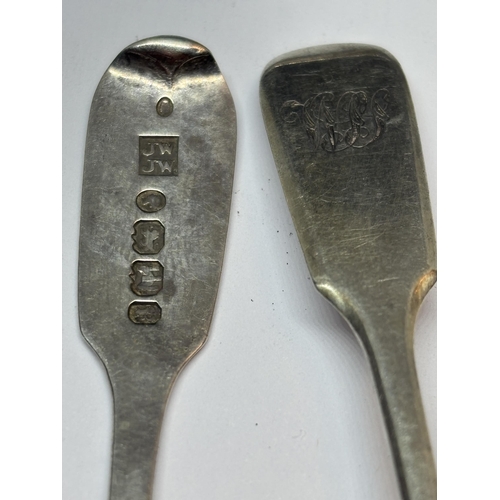 85 - A PAIR OF HALLMARKED EXETER 1869 SILVER TONGS AND TWO 1853 SPOONS GROSS WEIGHT 60.5 GRAMS