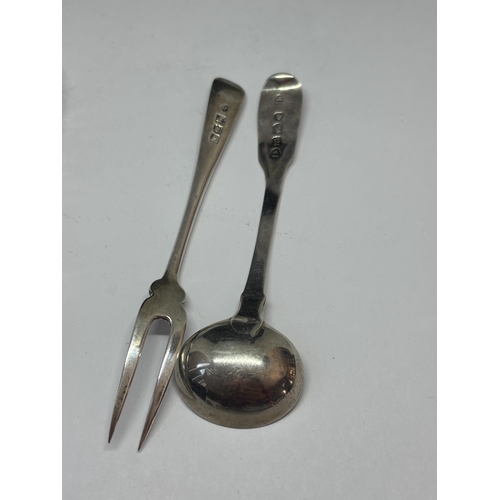 86 - THREE HALLMARKED LONDON SILVER ITEMS TO INCLUDE A FORK, SPOON AND SUGAR NIPS  GROSS WEIGHT 39 GRAMS