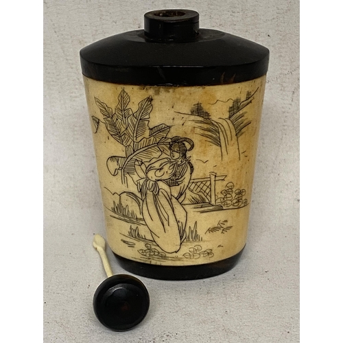 305 - A CHINESE LACQUERED WOOD AND BONE SNUFF BOTTLE WITH FIGURAL SCENES