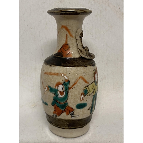 313 - A CHINESE CRACKLE GLAZE MINIATURE VASE WITH HANDPAINTED WARRIORS AND APPLIED LIZARD MOTIF TO THE SHO... 