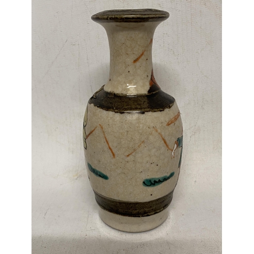 313 - A CHINESE CRACKLE GLAZE MINIATURE VASE WITH HANDPAINTED WARRIORS AND APPLIED LIZARD MOTIF TO THE SHO... 