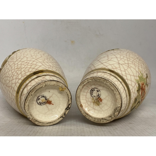 321 - A PAIR OF JAPANESE CREAM COLOURED EARTHENWARE WITH A CRACKLE GLAZE SATSUMA VASES WITH SCHOLAR LANDSC... 