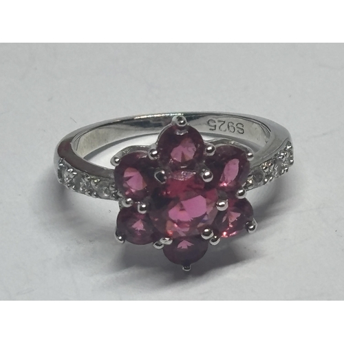 601 - A SILVER AND PINK STONE CLUSTER DRESS RING IN A PRESENTATION BOX