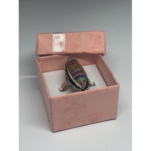 612 - A MARKED 925 SILVER RAINBOW CALISICA RING SIZE P IN A PRESENTATION BOX