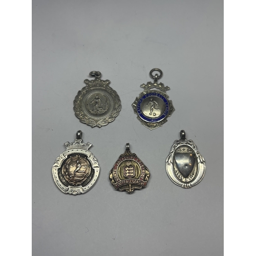 635 - FIVE HALLMARKED SILVER AND GOLD FOOTBALL FOBS