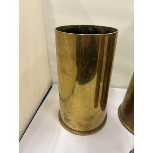 15 - A PAIR OF LARGE HEAVY TRENCH ART VASES, HEIGHT 23CM, DIAMETER 12CM PLUS A PAIR OF SMALLER TRENCH ART... 