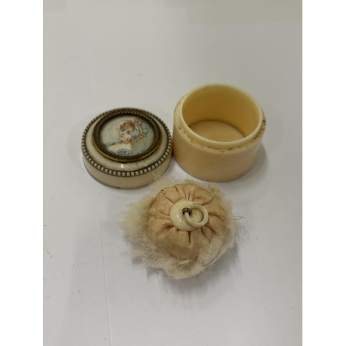 5 - AN 18TH/ 19TH CENTURY SMALL BONE BOX WITH TINY POWDER PUFF AND PORTRAIT MINIATURE TO THE LID, SIGNED... 