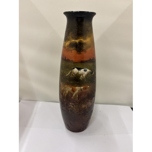 8 - A VINTAGE ROYAL DOULTON, KELSALL SIGNED VASE, WITH POINTER DOGS PATTERN, HEIGHT 28CM