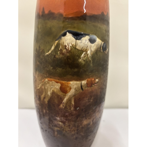 8 - A VINTAGE ROYAL DOULTON, KELSALL SIGNED VASE, WITH POINTER DOGS PATTERN, HEIGHT 28CM