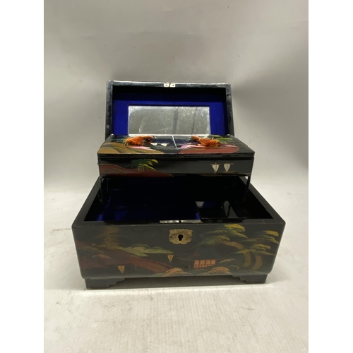 331 - A VINTAGE LACQUERED ORIENTAL HAND PAINTED JEWELLERY BOX WITH RAISED RELIEF DETAIL AND INLAID MOTHER ... 