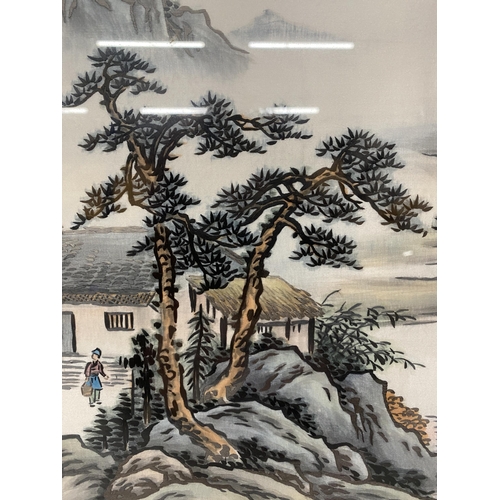 333 - A FRAMED VINTAGE CHINESE SILK ART COMBINING PAINT AND EMBROIDERY DEPICTING A FIGURAL AND LANDSCAPE S... 