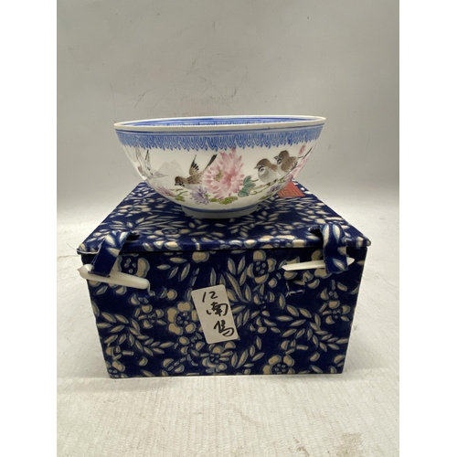 335 - A BOXED CHINESE EGGSHELL PORCELAIN BOWL DECORATED WITH BIRDS AND BLOSSOMS - 12 CM (W) 5.5 CM (H)