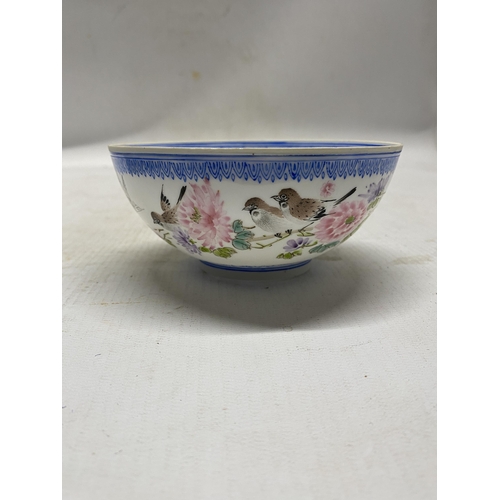 335 - A BOXED CHINESE EGGSHELL PORCELAIN BOWL DECORATED WITH BIRDS AND BLOSSOMS - 12 CM (W) 5.5 CM (H)