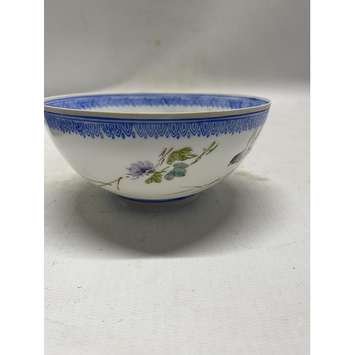 335 - A BOXED CHINESE EGGSHELL PORCELAIN BOWL DECORATED WITH BIRDS AND BLOSSOMS - 12 CM (W) 5.5 CM (H)