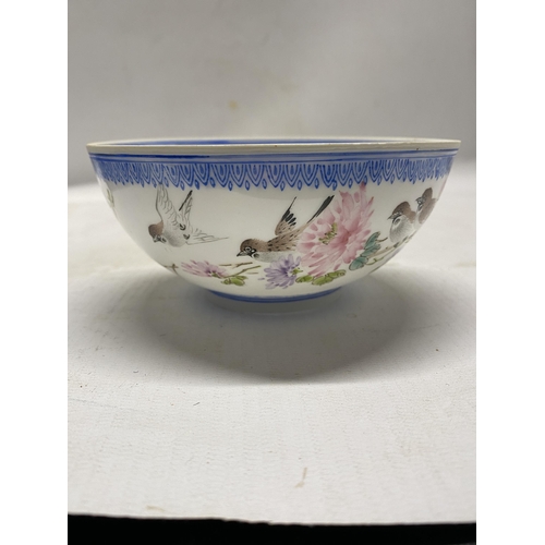 335 - A BOXED CHINESE EGGSHELL PORCELAIN BOWL DECORATED WITH BIRDS AND BLOSSOMS - 12 CM (W) 5.5 CM (H)