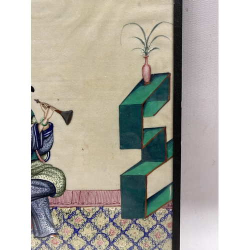 337 - A 19TH CENTURY CHINESE GOUACHE OF A NOBLE WOMAN HOLDING AN INSTRUMENT ON RICE PAPER FRAMED AND GLAZE... 