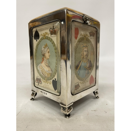 1 - AN EDWARDIAN SILVER MOUNTED AND GLAZED PLAYING CARD BOX, HALLMARKED BIRMINGHAM 1901, MAKER LEVI AND ... 