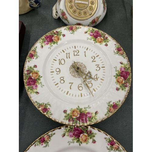 78 - THREE PIECES OF ROYAL ALBERT 'OLD COUNTRY ROSES TO INCLUDE A TELEPHONE, WALL CLOCK AND CALENDAR