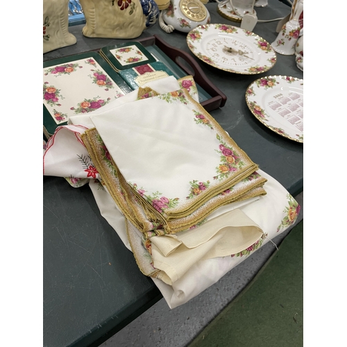 79 - AQUANTITY OF ROYAL ALBERT 'OLD COUNTY ROSES' PLACEMATS, COASTERS, A TABLECLOTH, NAPKINS, TRAY, ETC