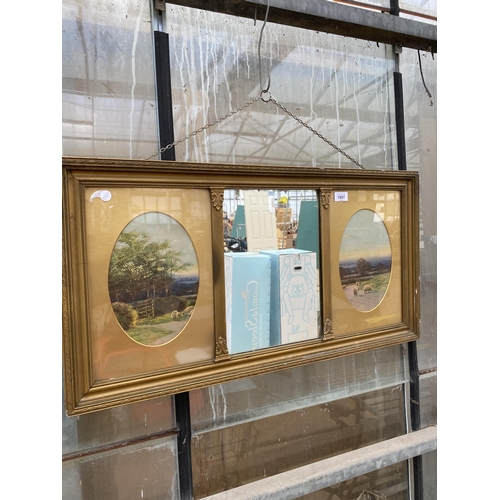 1507 - A GILT FRAMED MIRROR WITH TWO COUNTRY SCENE IMAGES TO THE SIDES