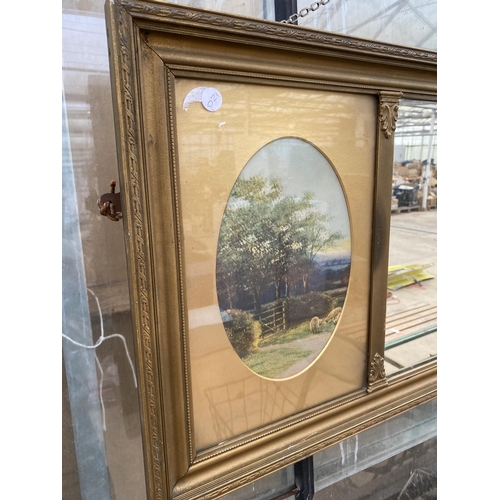 1507 - A GILT FRAMED MIRROR WITH TWO COUNTRY SCENE IMAGES TO THE SIDES