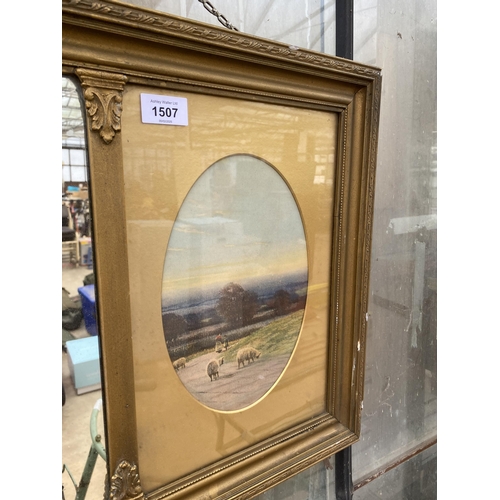 1507 - A GILT FRAMED MIRROR WITH TWO COUNTRY SCENE IMAGES TO THE SIDES