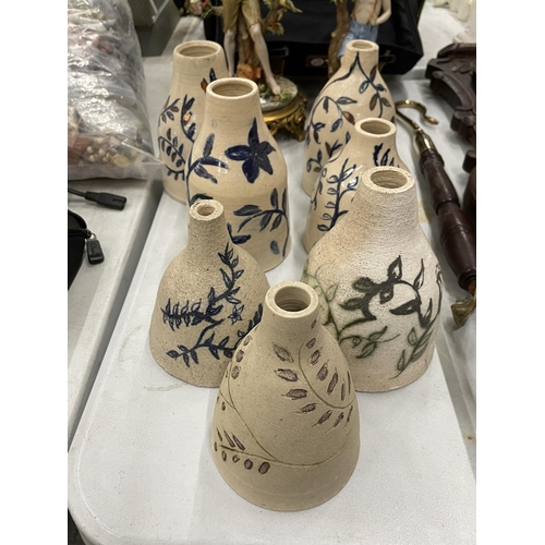 169 - SEVEN STUDIO POTTERY VASES HANDPAINTED FLORAL - SOME GLAZED