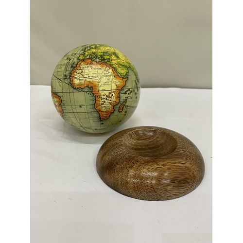 205 - A SMALL WORLD GLOBE ON A WOODEN BASE, HEIGHT 12CM