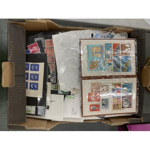 216 - A BOX OF STAMPS, MANY ON CARDS PLUS TWO ALBUMS OF COPY STAMPS