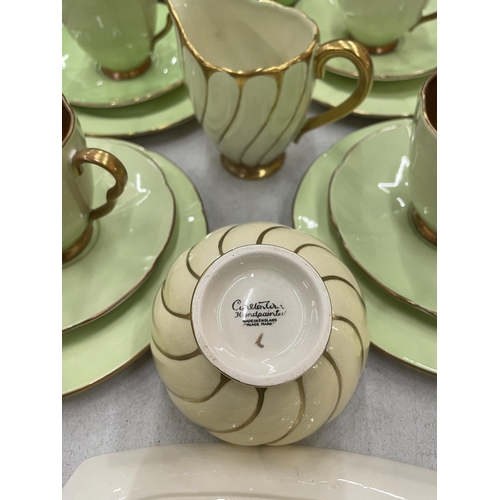 220 - A VINTAGE CARLTON WARE TEASET, PALE GREEN WITH GILT, TO INCLUDE CUOPS, SAUCERS, SIDE PLATES, SUGAR B... 