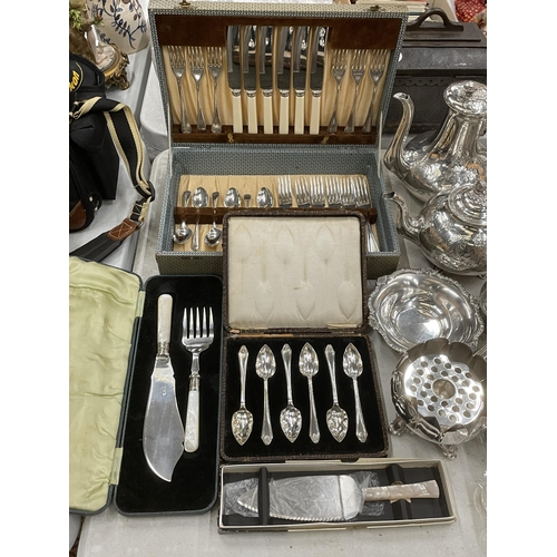 226 - A LARGE QUANTITY OF SILVER PLATE TO INCLUDE TEAPOTS, JUGS, NAPKIN RINGS, CASED FLATWARE, ETC